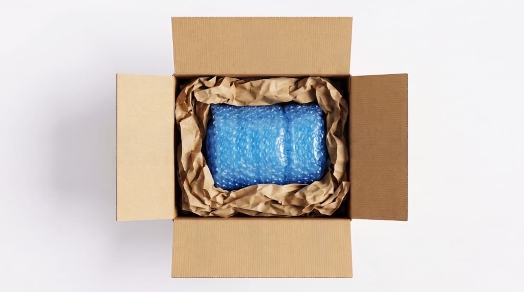 Fragile item cushioned with paper in a box