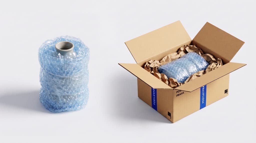 Item in bubble wrap and a box with filler